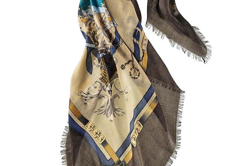Alpine Cashmere Colorful Square Printed Fleur-de-lis-Scarf in Camel