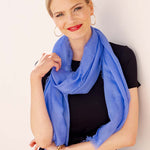 Model Wearing Alpine Cashmere's Featherweight Finezza Scarf in Azure Blue