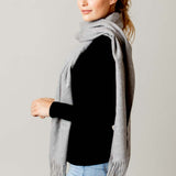 Model Wearing Alpine Cashmere Ripple Finish Scarf in Flannel Gray
