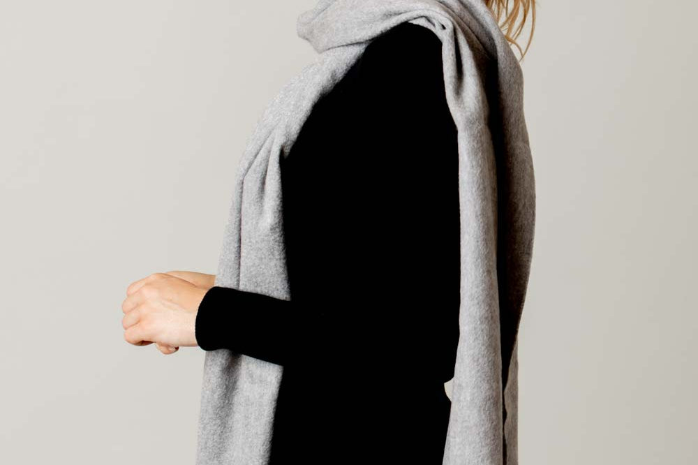Model Wearing Alpine Cashmere Ripple Finish Scarf in Flannel Gray