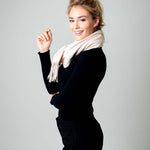Model Wearing Alpine Cashmere Ripple Finish Scarf in Flax 