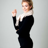 Model Wearing Alpine Cashmere Ripple Finish Scarf in Flax 