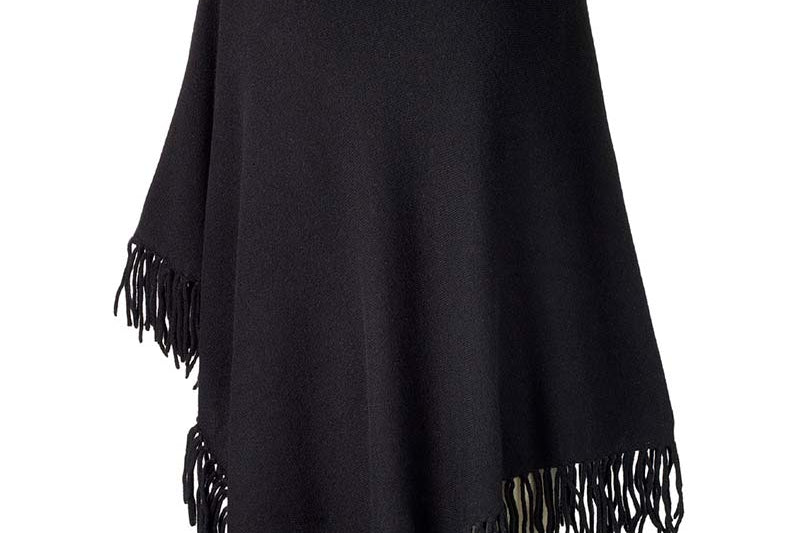 Alpine Cashmere Fringed Poncho in Black