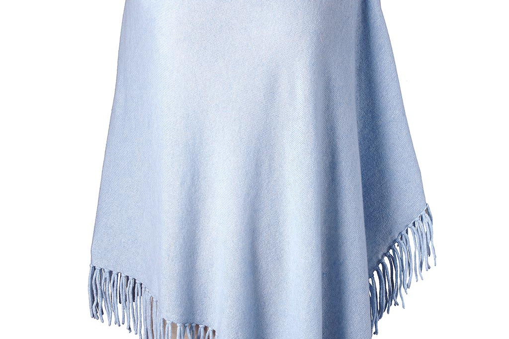 Alpine Cashmere Fringed Poncho in Winter Blue