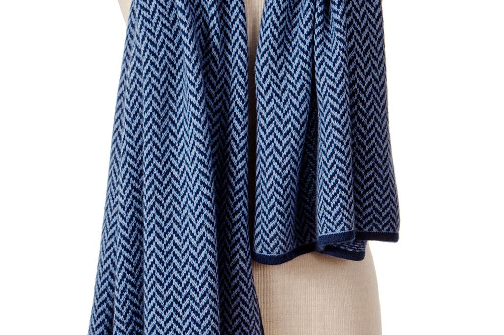 Alpine Cashmere Herringbone Travel Wrap in Admiral and Wave Blue