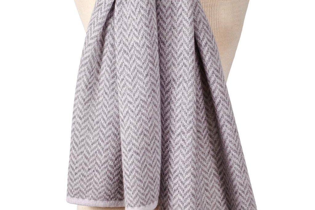 Alpine Cashmere Herringbone Travel Wrap in Birch Gray and Ivory