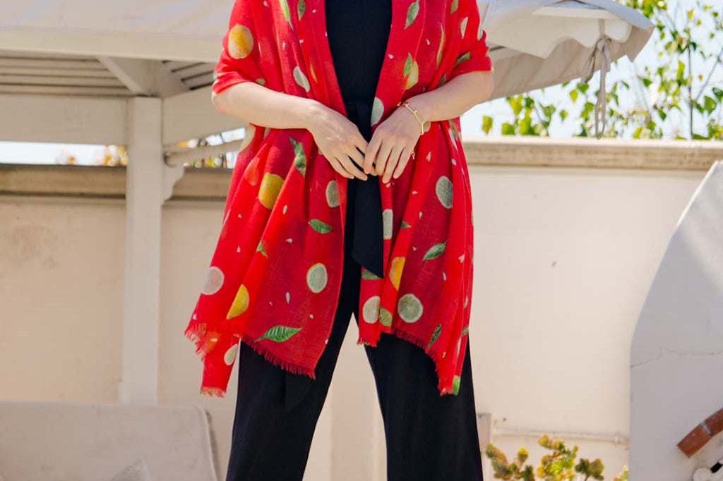 Model Wearing Alpine Cashmere's Featherweight Lemons Scarf in Punch