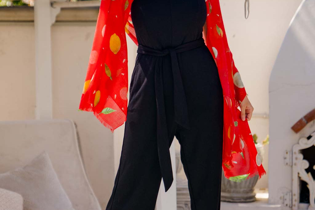 Model Wearing Alpine Cashmere's Featherweight Lemons Scarf in Punch