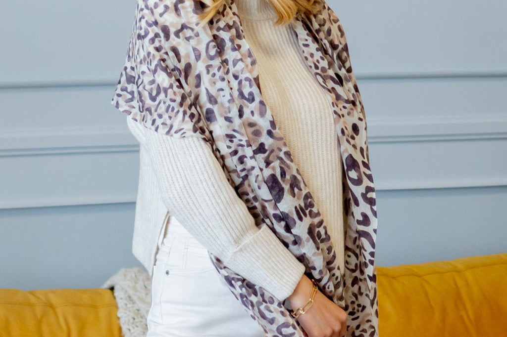 Model Wearing Alpine Cashmere's Leopard Scarf in Malt