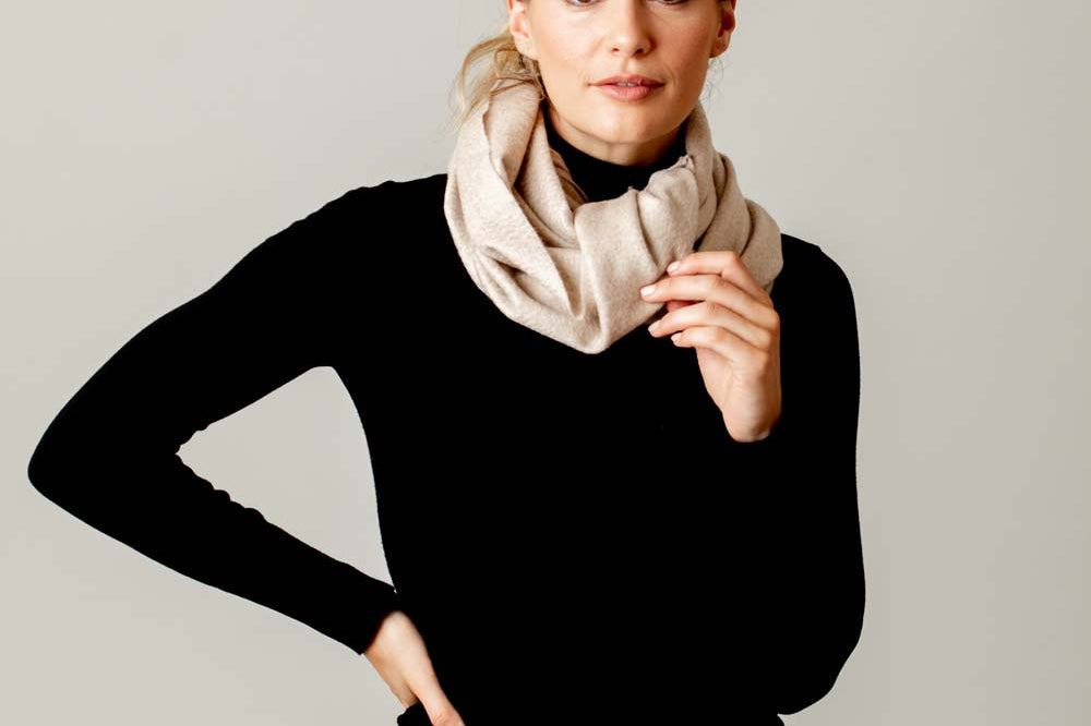 Model Wearing Alpine Cashmere Ripple Finish Scarf in Oatmeal