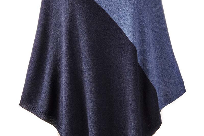 Alpine Cashmere Colorblock Poncho in Denim and Midnight