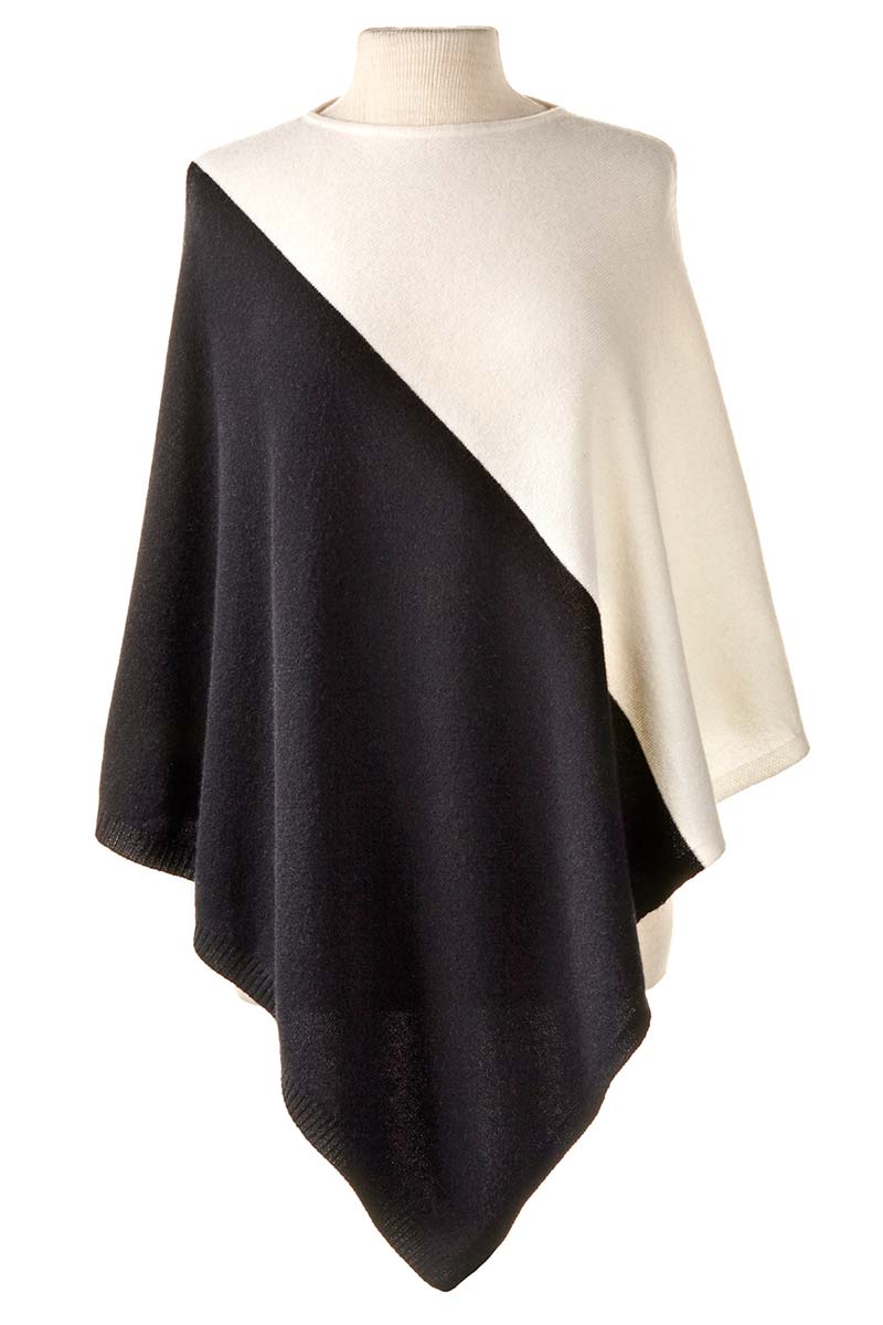 Alpine Cashmere Colorblock Poncho in Ivory and Black
