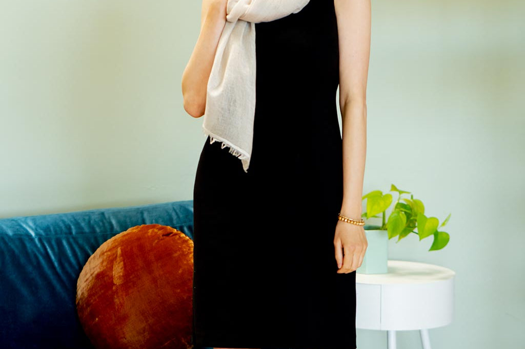 Model Wearing Alpine Cashmere Felted Cashmere Passport Scarf in Oat