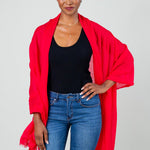 Model Wearing Alpine Cashmere Felted Cashmere Passport Scarf in Ruby Red