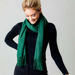 Model Wearing Alpine Cashmere Ripple Finish Scarf in Pine Green