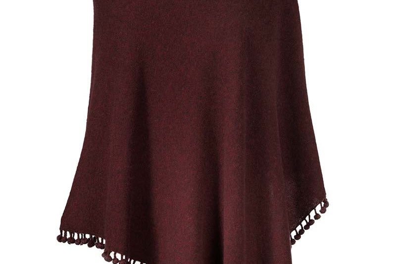 Alpine Cashmere Pom-Pom Poncho in Burgundy