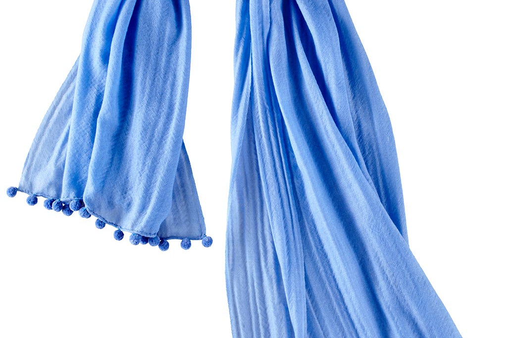 Alpine Cashmere Pom-Pom Scarf in Hydrangea Blue
