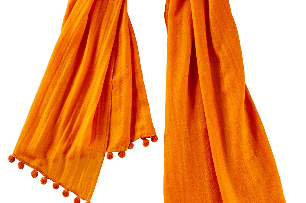 Alpine Cashmere Pom-Pom Scarf in Marmalade Orange