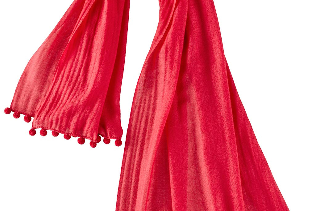 Alpine Cashmere Pom-Pom Scarf in Poinsettia Red