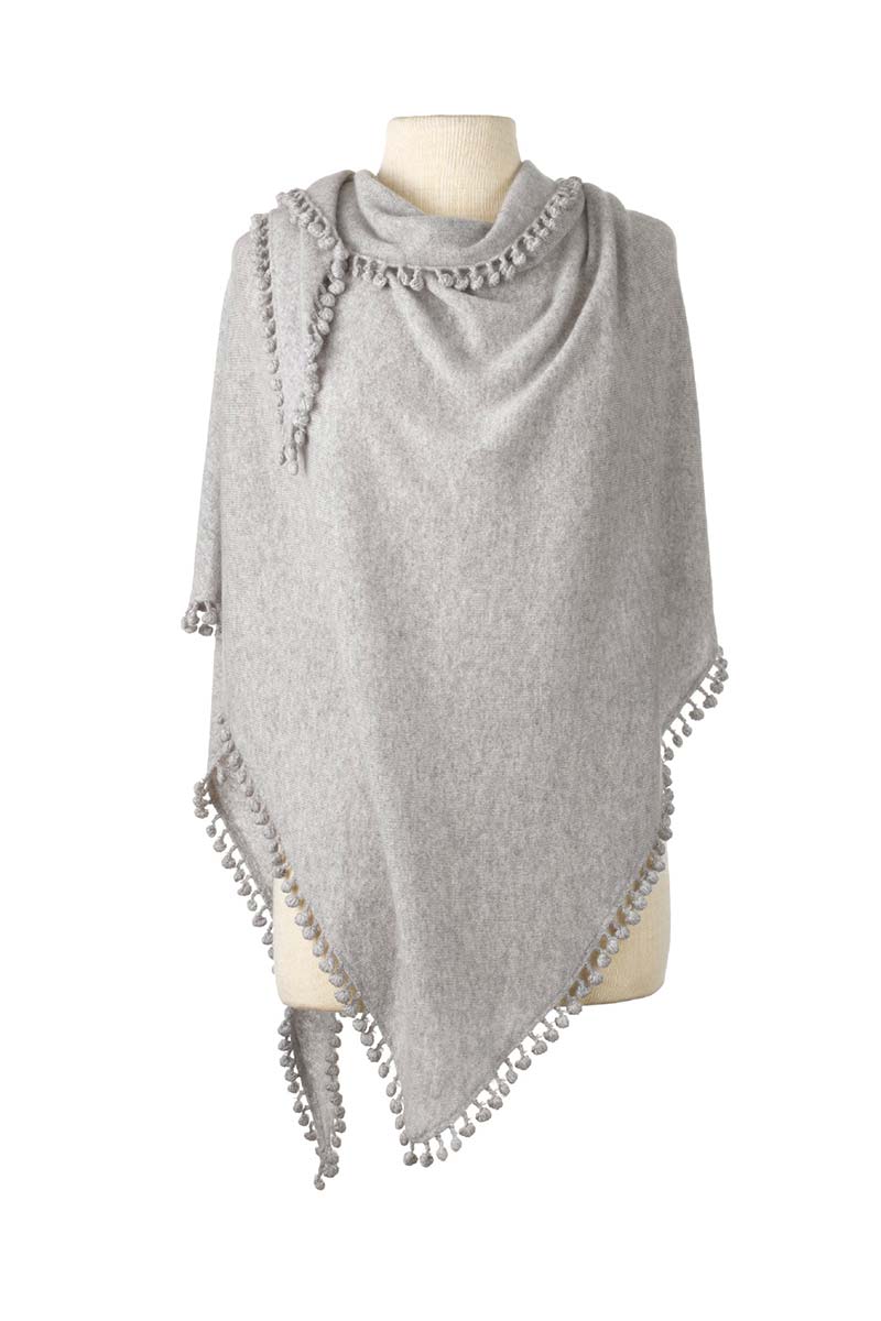 Alpine Cashmere Pom-Pom Triangle Wrap in Birch Gray