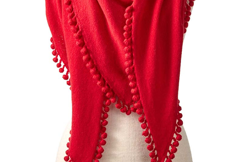 Alpine Cashmere Pom-Pom Triangle Wrap in Cardinal Red