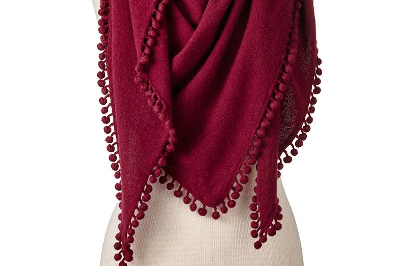 Alpine Cashmere Pom-Pom Triangle Wrap in Claret Red