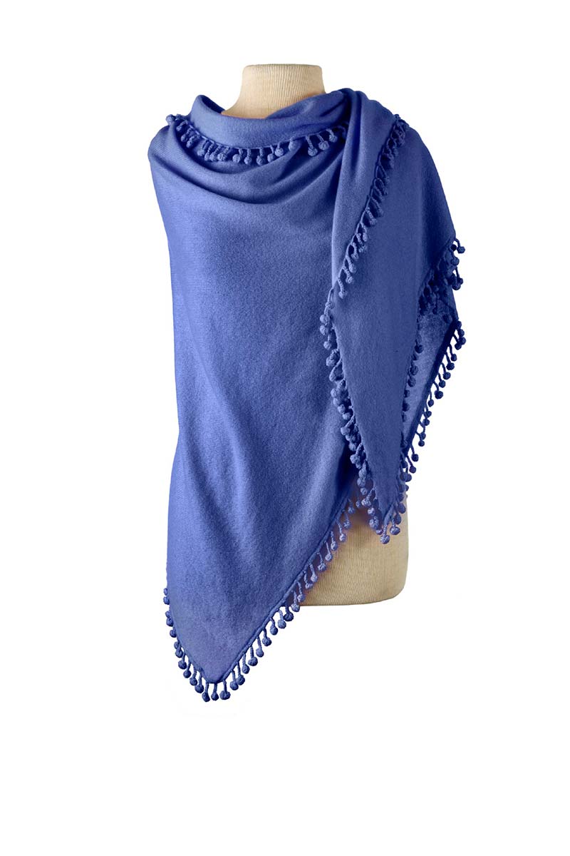 Alpine Cashmere Pom-Pom Triangle Wrap in Cornflower Blue