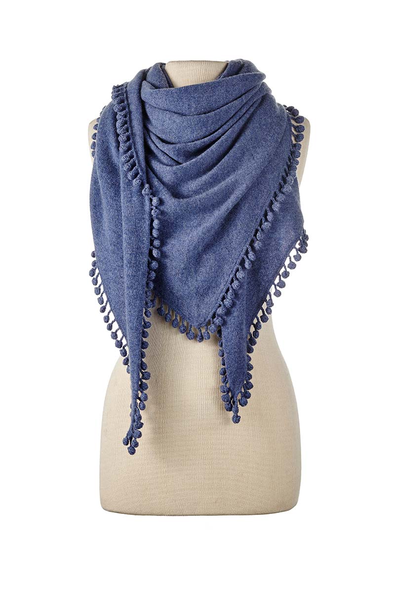 Alpine Cashmere Pom-Pom Triangle Wrap in Denim Blue