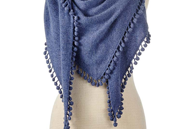 Alpine Cashmere Pom-Pom Triangle Wrap in Denim Blue