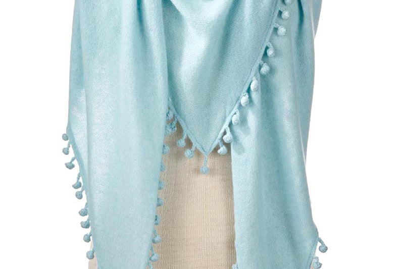 Alpine Cashmere Pom-Pom Triangle Wrap in Ice Blue
