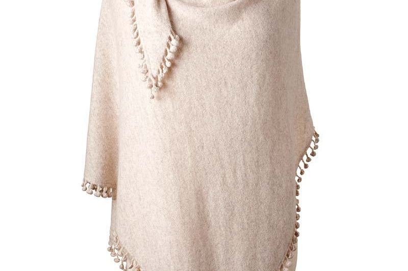 Alpine Cashmere Pom-Pom Triangle Wrap in Sand