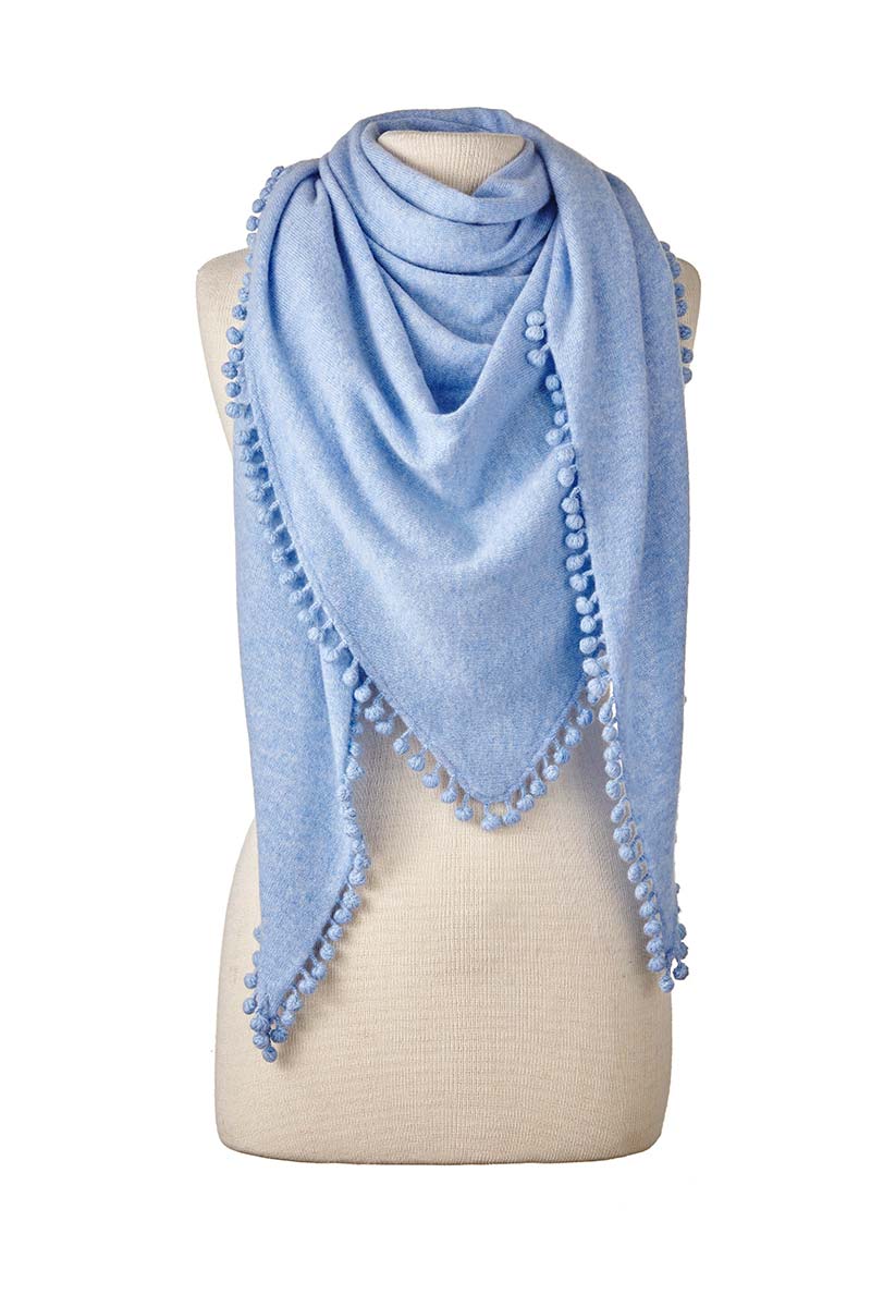 Alpine Cashmere Pom-Pom Triangle Wrap in Sky Blue