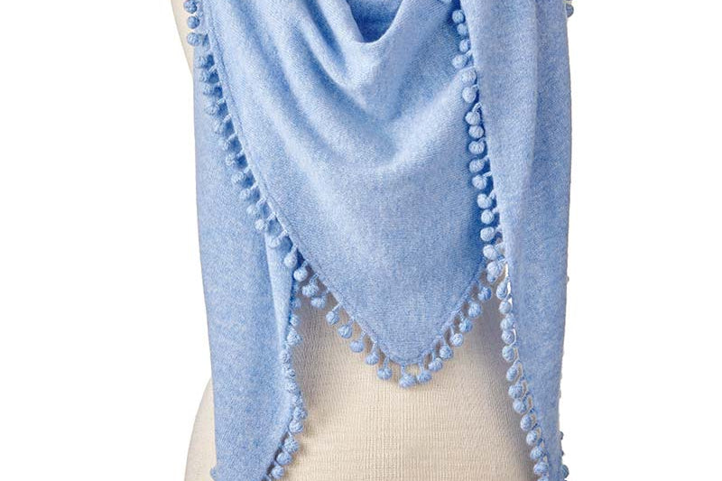 Alpine Cashmere Pom-Pom Triangle Wrap in Sky Blue