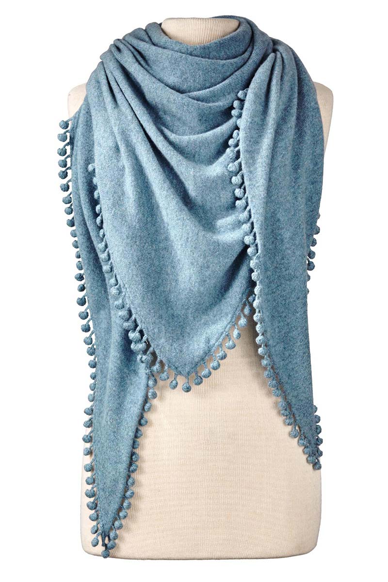 Alpine Cashmere Pom-Pom Triangle Wrap in Stonewash Blue