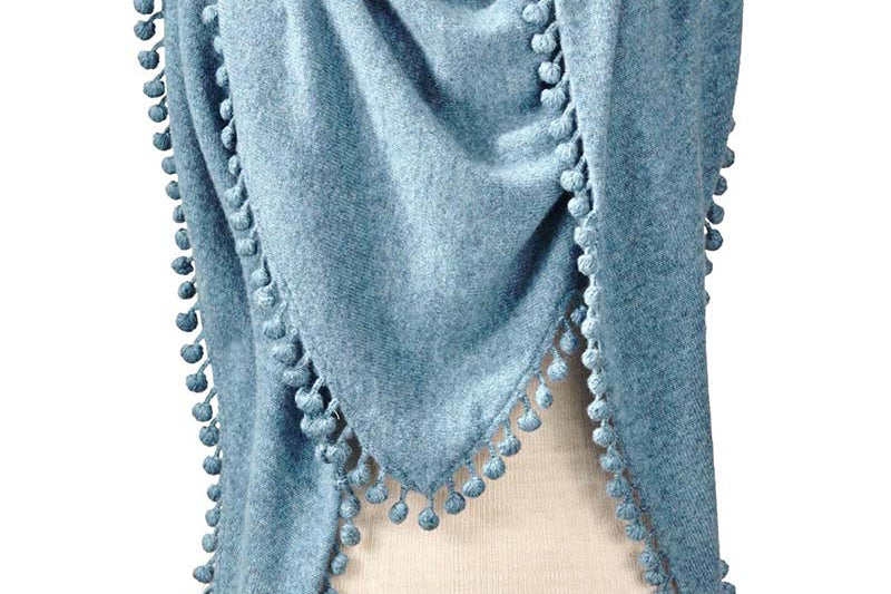 Alpine Cashmere Pom-Pom Triangle Wrap in Stonewash Blue