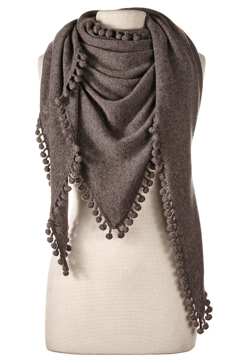 Alpine Cashmere Pom-Pom Triangle Wrap in Walnut Brown