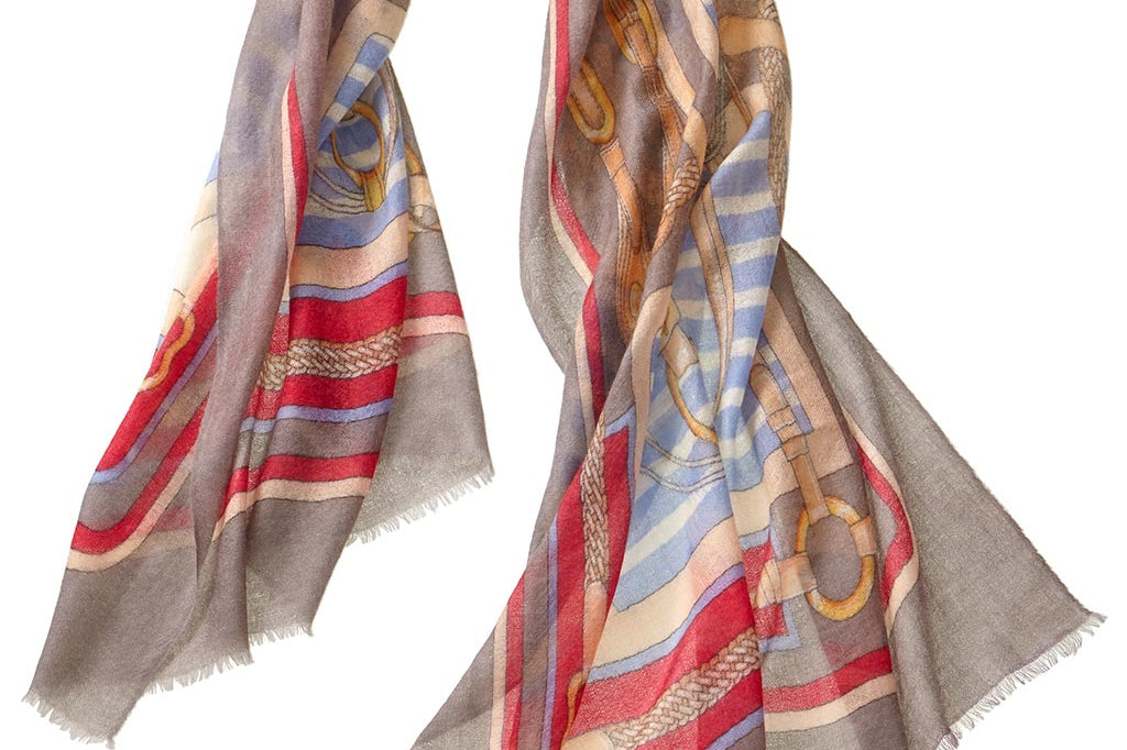 Alpine Cashmere Featherweight Printed Roma Scarf in Anchor Gray