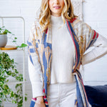 Model Wearing Alpine Cashmere Featherweight Printed Roma Scarf in Atlantic Blue