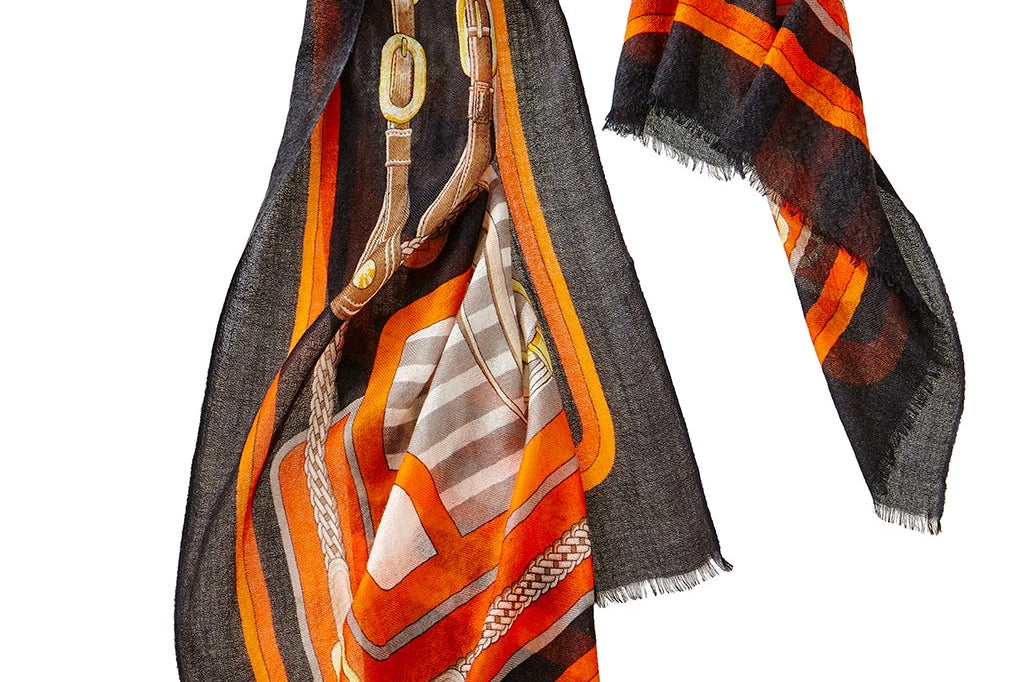 Alpine Cashmere Featherweight Printed Roma Scarf in Mandarin Orange