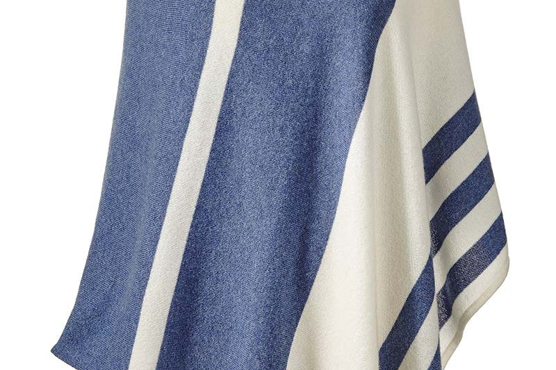 Alpine Cashmere Striped Poncho in Denim and Ecru