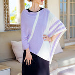 Model Wearing Alpine Cashmere Striped Poncho in Lilac and Ecru