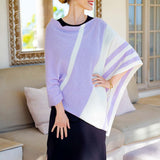 Model Wearing Alpine Cashmere Striped Poncho in Lilac and Ecru