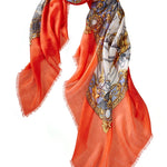 Alpine Cashmere Featherweight Square Printed Tassels Scarf in Persimmon Orange