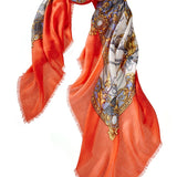Alpine Cashmere Featherweight Square Printed Tassels Scarf in Persimmon Orange