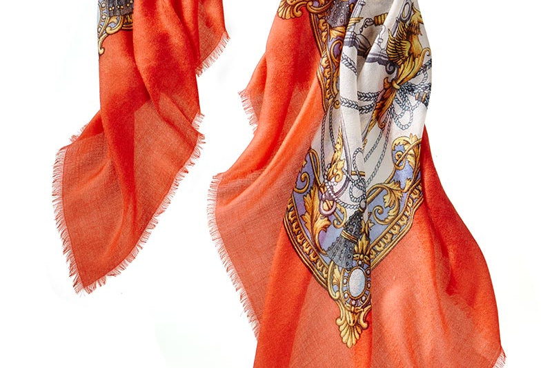 Alpine Cashmere Featherweight Square Printed Tassels Scarf in Persimmon Orange