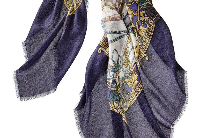 Alpine Cashmere Featherweight Square Printed Tassels Scarf in Navy Blue