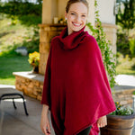 Model Wearing Alpine Cashmere Turtleneck Telluride Cashmere Poncho in Claret Red