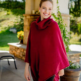 Model Wearing Alpine Cashmere Turtleneck Telluride Cashmere Poncho in Claret Red