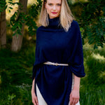 Model Wearing Alpine Cashmere Turtleneck Telluride Cashmere Poncho in Midnight Blue