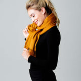 Model Wearing Alpine Cashmere Ripple Finish Scarf in Vicuna